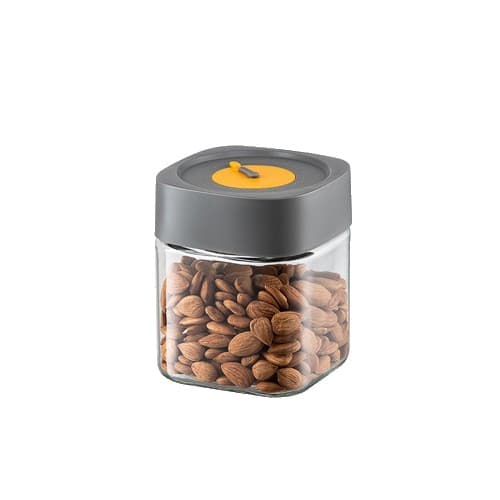 Borcan Alimentar din sticla cu Capac Vid, Flippy, 750 ml, Inchidere Ermetica pentru Orice Tip de Produse, Design Patrat, 10 x 10 x 12.5 cm, Transparenta cu Capac Gri