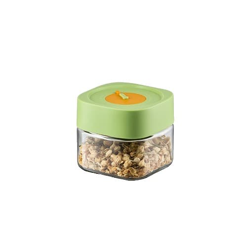 Borcan Alimentar din sticla cu Capac Vid, Flippy, 500 ml, Inchidere Ermetica pentru Orice Tip de Produse, Design Patrat, 10 x 10 x 9 cm, Transparenta cu Capac Verde
