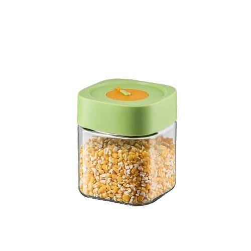 Borcan Alimentar din sticla cu Capac Vid, Flippy, 750 ml, Inchidere Ermetica pentru Orice Tip de Produse, Design Patrat, 10 x 10 x 12.5 cm, Transparenta cu Capac Verde