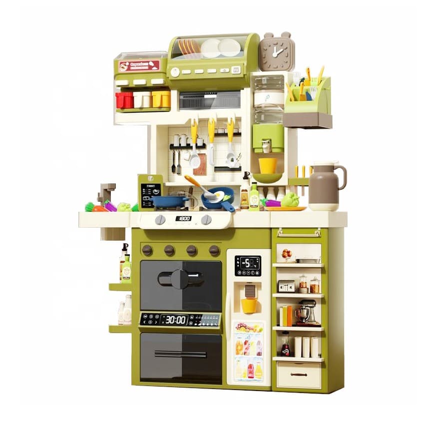 Bucatarie Multifunctionala pentru Copii, Flippy, cu Aburi, Lumini si Sunete Realiste, Chiuveta cu Circuit de Apa, Cuptor, Frigider si Plita, 71 Piese, 122 x 87 x 28 cm, 3 Ani+, Verde/Alb