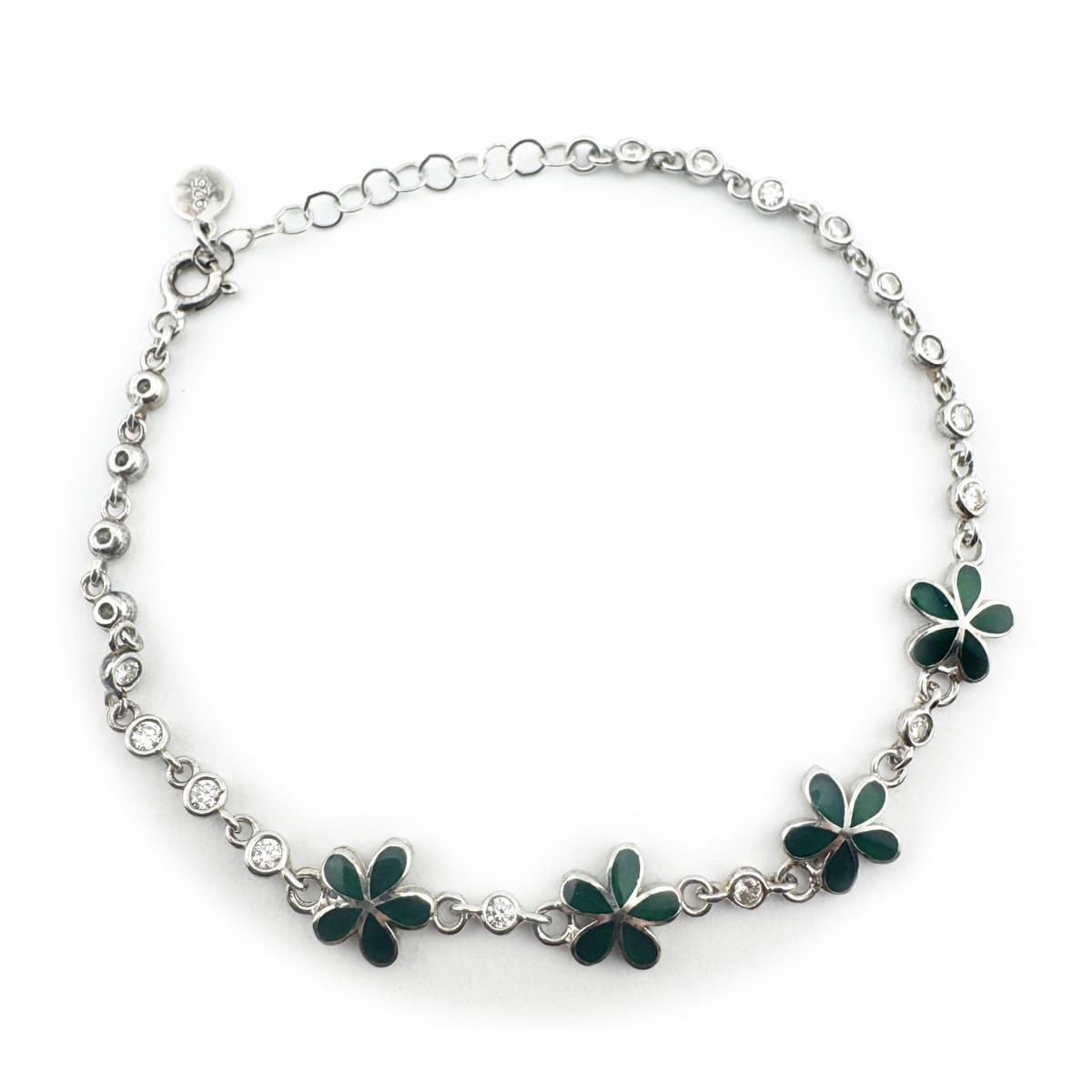 Bratara pentru Copii, Jolie, Argint 925, Model Floare, cu Email si Zirconiu, 22 cm/4.4g Argintiu/Verde inchis