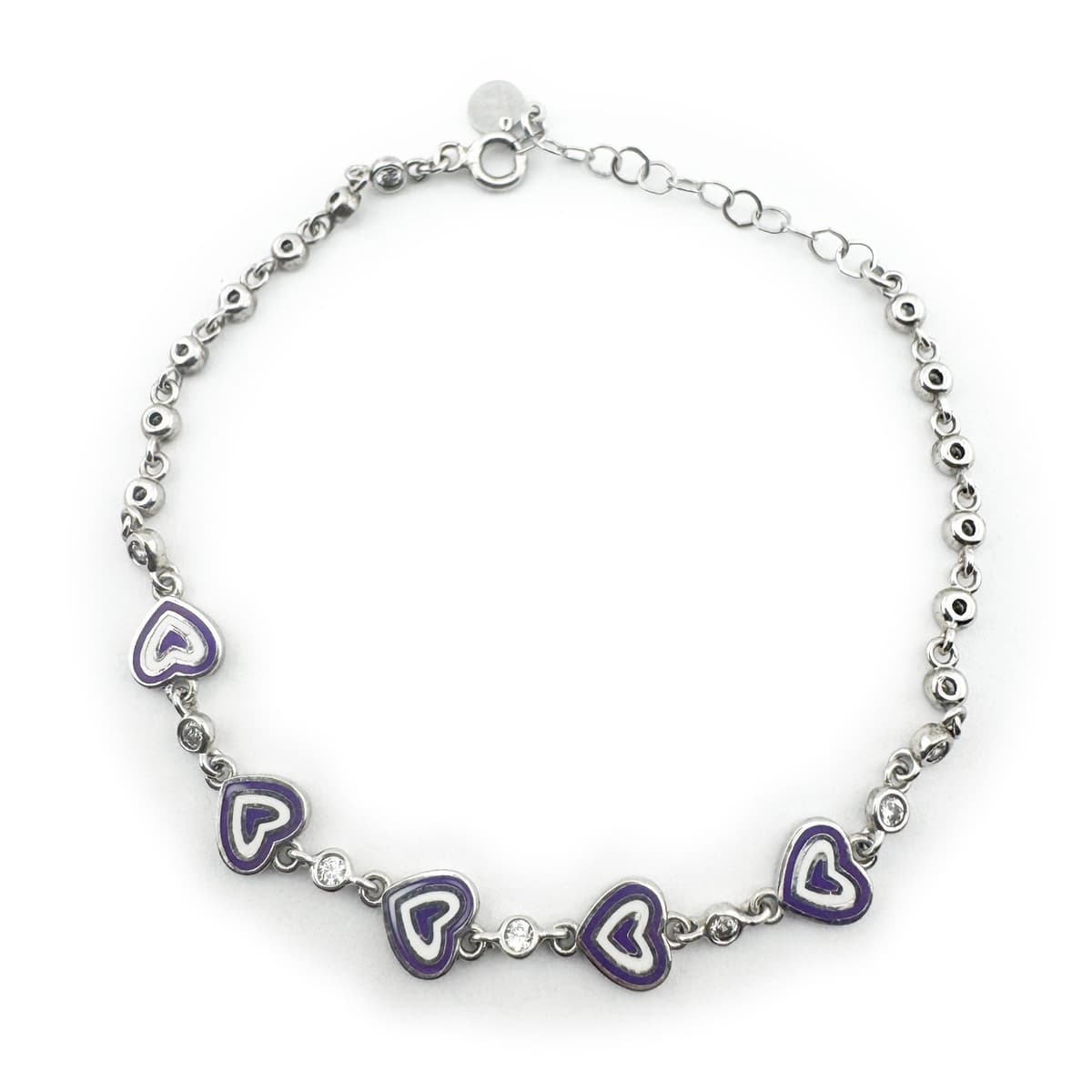 Bratara pentru Copii, Jolie, Argint 925, Model Inima, cu Email si Zirconiu, 22 cm/4.4g Argintiu/Mov/Alb