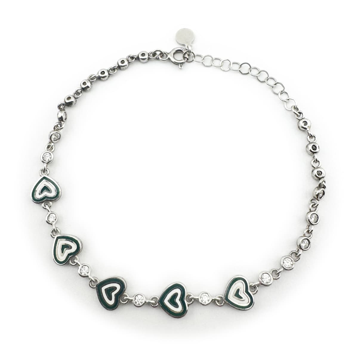 Bratara pentru Copii, Jolie, Argint 925, Model Inima, cu Email si Zirconiu, 22 cm/4.4g Argintiu/Verde inchis