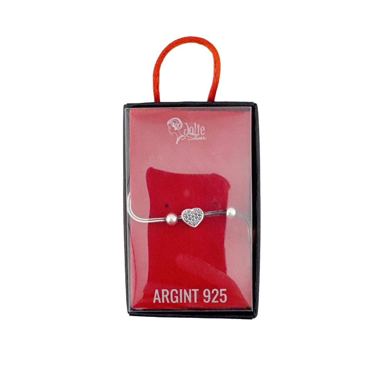 Bratara din Argint 925, pentru Dama, Jolie Silver, Model Snake cu Charm Inima si Cristale Negre, 4.86 g, Lungime Reglabila