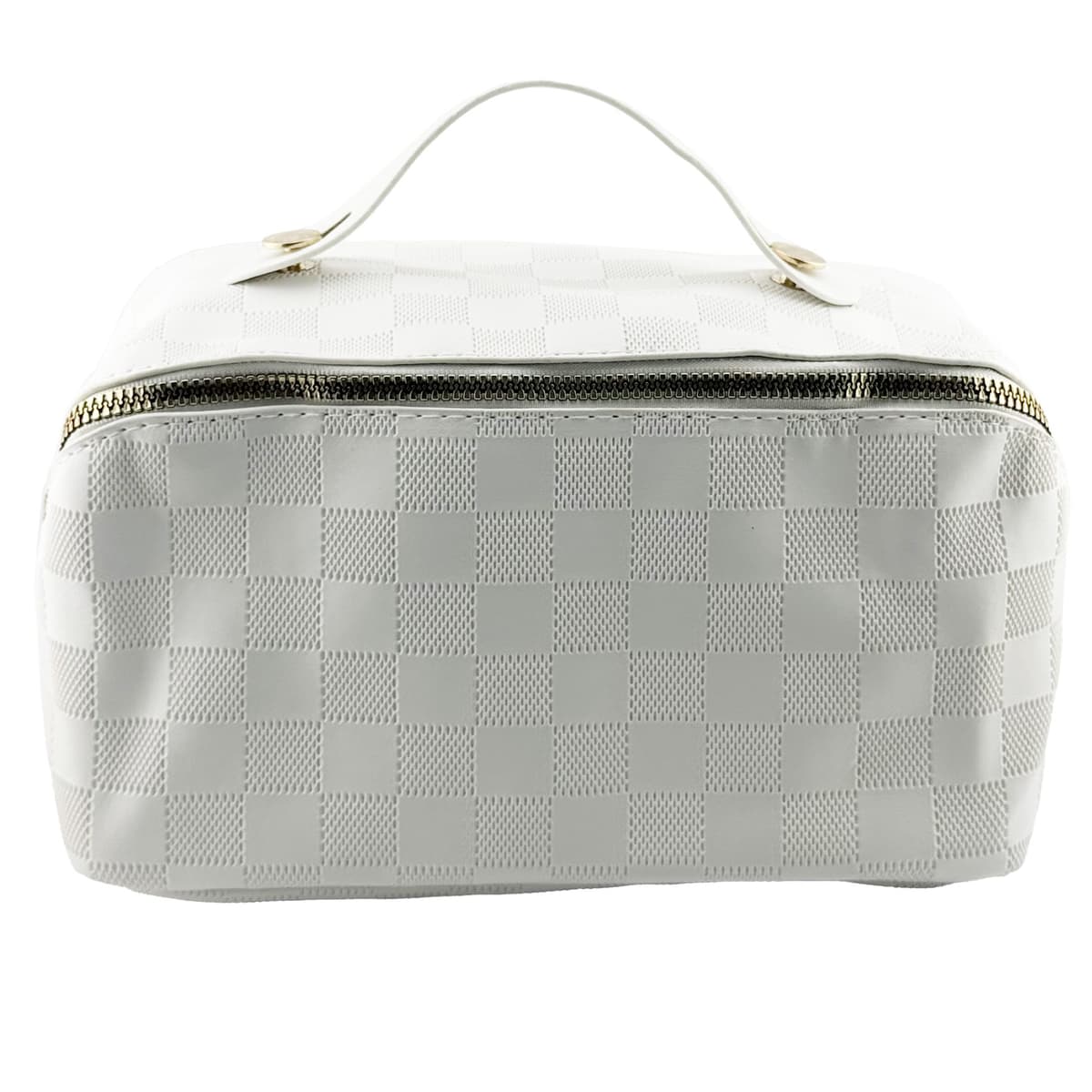 Geanta de Calatorie Flippy, Pentru Cosmetice, Portabila, Impermeabila, din Piele Ecologica, Compartimente Multiple, cu Fermoar, 22 x 13 x 12.5 cm, In Carouri, Alb