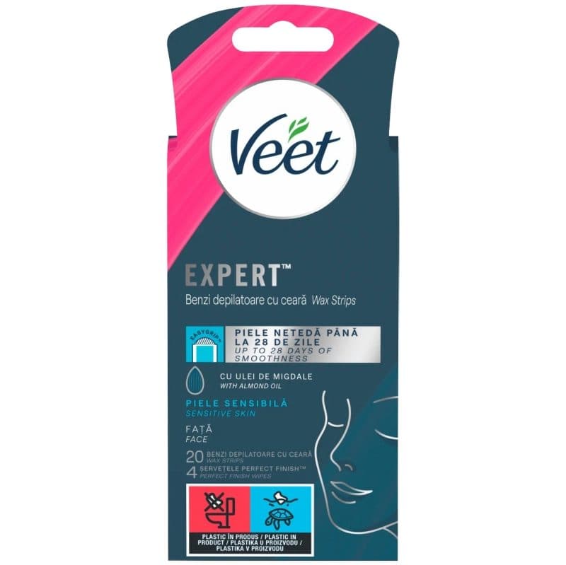 Gel, Veet Benzi Depilatoare Fata Easy, 20 buc Sensitive Skin Albastrele