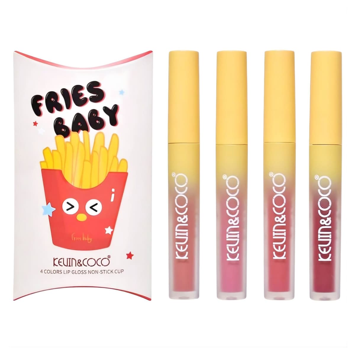 Set Luciu de buze, Kevin&Coco, Fries Baby, 4 Lip Gloss-uri, Stralucire si Hidratare Intensa, Rezistent, Model A, Multicolor