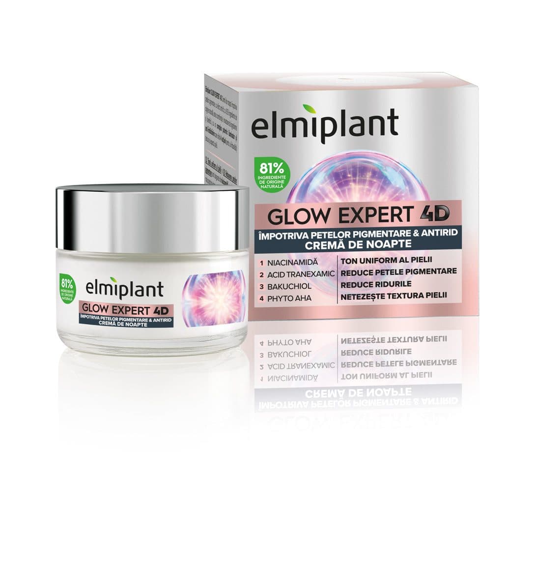 Crema de Noapte, Elmiplant, Glow Expert 4D Impotriva Petelor Pigmentare si Antirid, cu Niacinamida si Bakuchiol, 50 ml