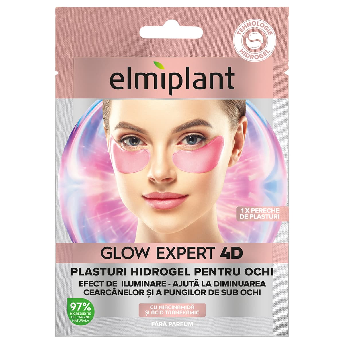 Plasturi Hidrogel Pentru Ochi, Elmiplant, Glow Expert 4D cu Niacinamida, 1 Pereche