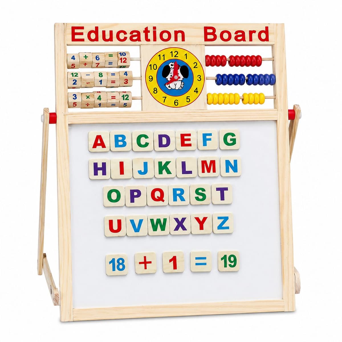Tabla Educativa Magnetica cu Doua Fete, Flippy, Cadru din Lemn, Abac, Ceas, Litere, Cifre si Semne Matematice, Reglabila pe Inaltime, 52x36 cm