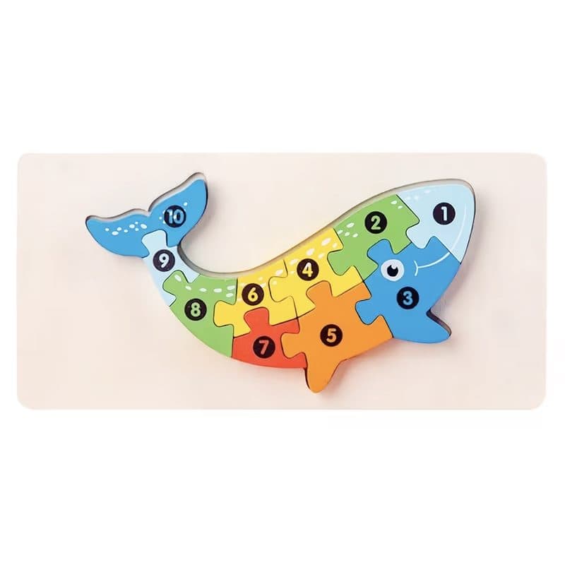 Puzzle din Lemn 3D Montessori, Flippy, Jucarie Educativa pentru Copii, 0-3 Ani, Vopsea Ecologica, Dezvolta Motricitatea Fina, Coordonarea, Logica, 11 Piese, Model Balena, Multicolor