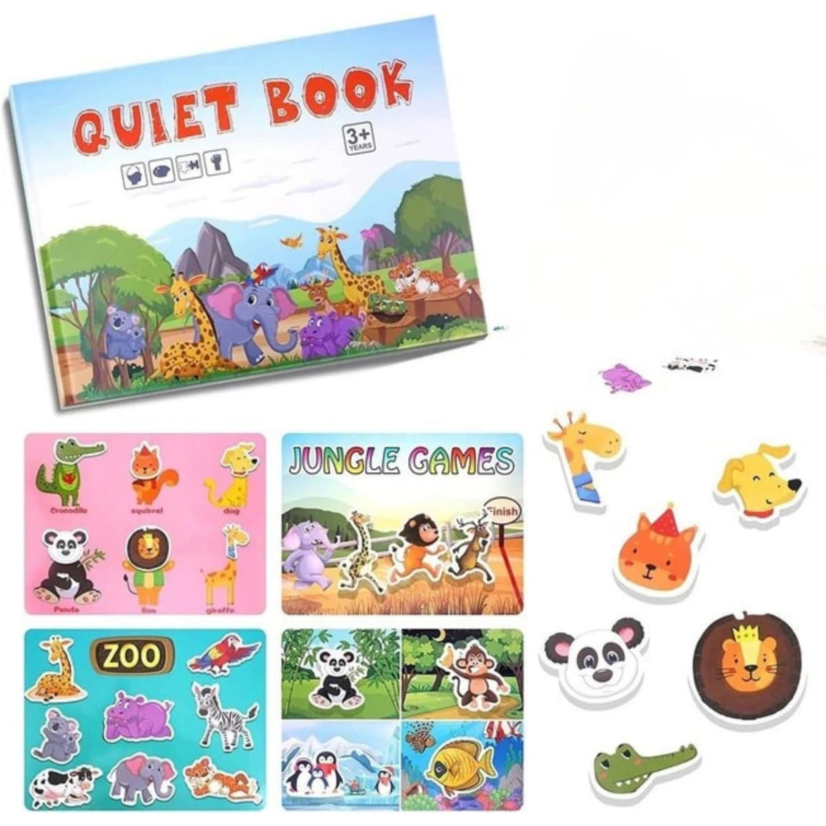 Carte Educativa cu Stickere Reutilizabile, Flippy, Quiet Book Senzoriala cu Pagini Interactive, Puzzle, Joc Montessori, Seria ''Lumea Animalelor'', Dezvolta Motricitatea Fina si Logica, Quiet Book pentru Invatare Timpurie, 3 ani, Multicolor