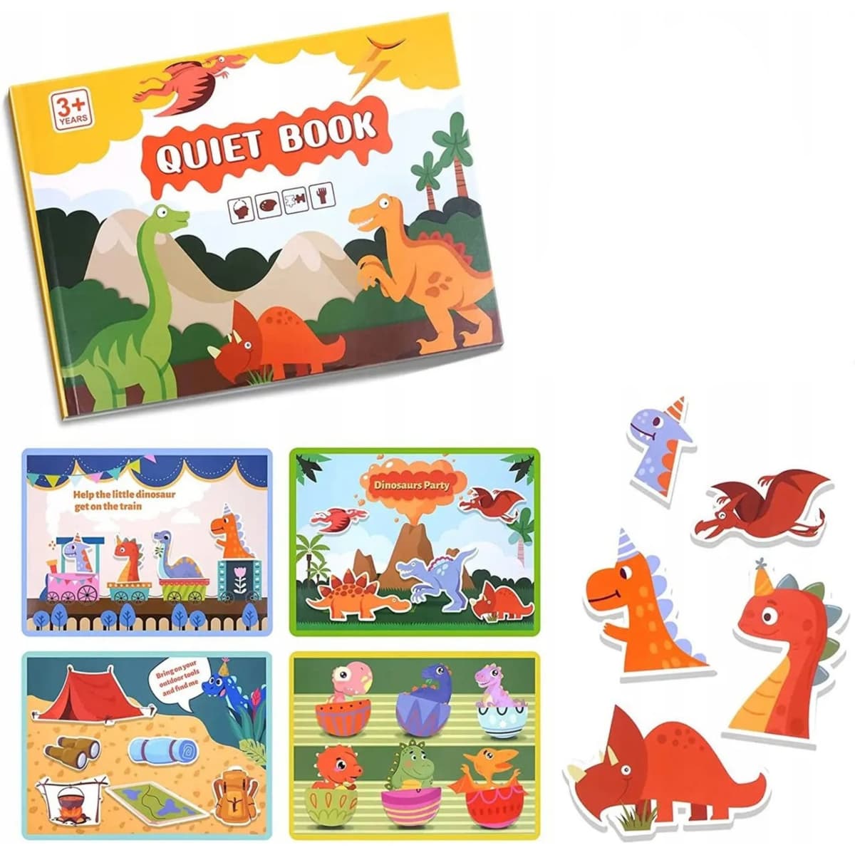Carte Educativa cu Stickere Reutilizabile, Flippy, Quiet Book Senzoriala cu Pagini Interactive , Joc Montessori, Seria ''Dinozaur'', Dezvolta Motricitatea Fina si Logica, Quiet Book pentru Invatare Timpurie, 3 ani, Multicolor