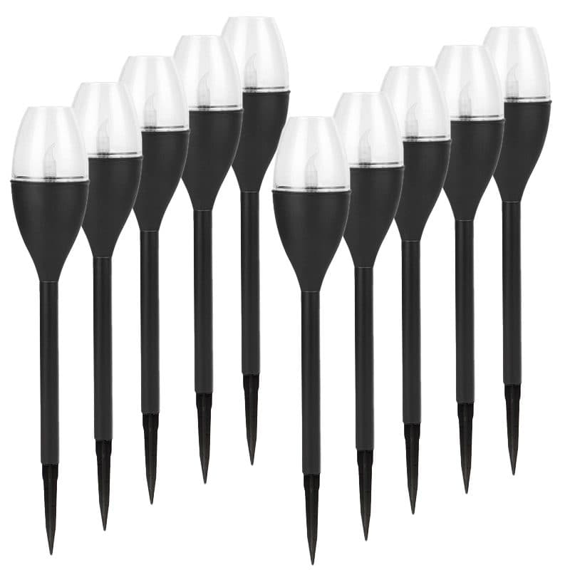 Lampa solara LED pentru gradina, Flippy, Set 10 Bucati, Tip Pahar de Vin, Inaltime 37.5 cm, efect de flacara, PVC si ABS, 2V, 200mAh, Lumina Alb Cald, Negru