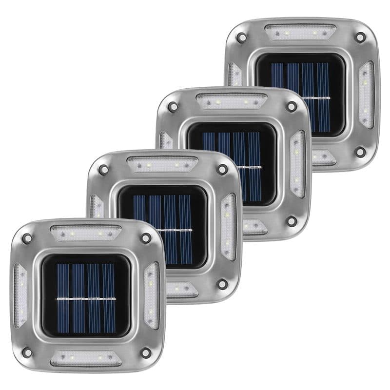 Lampa solara LED pentru gradina, Flippy, Set 4 Bucati, 8 LED-uri, Prindere de Perete / Impamantare, IP65, forma patrat, ABS si Policarbonat, 9 x 9 cm, baterie 1.2V, 600 mah, Alb Cald, Gri