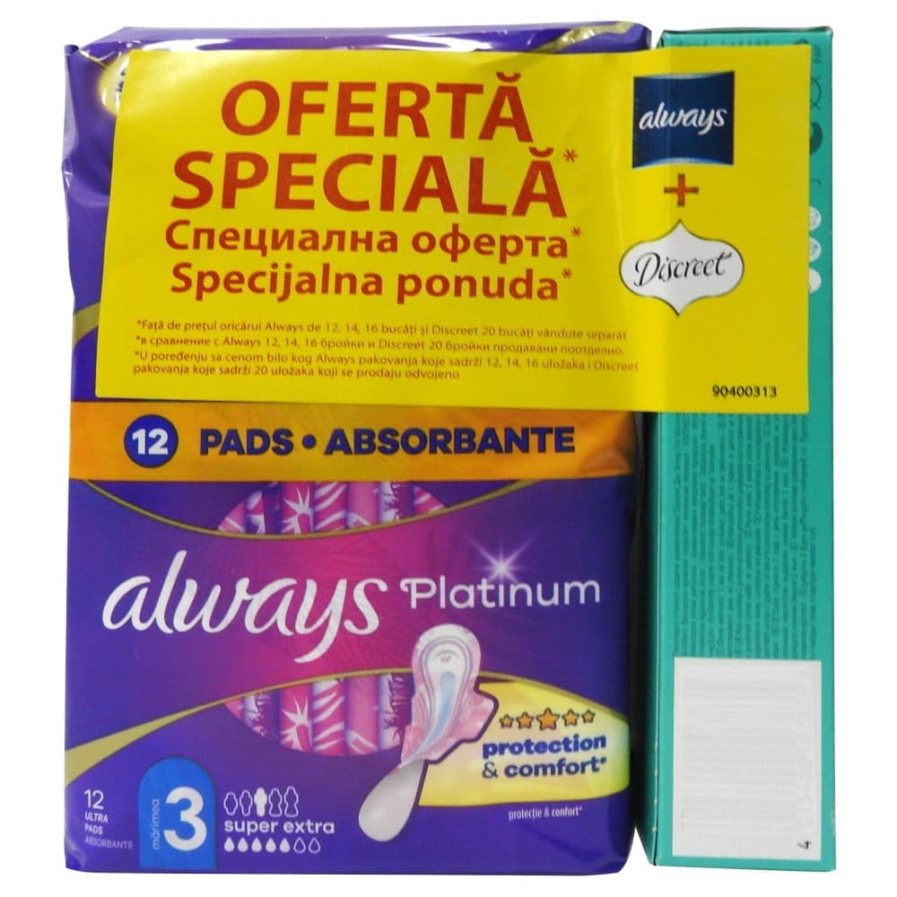 Absorbante, Always, 12 buc Platinum Super Extra, Discreet Absorbante Zilnice 20 buc Deo Waterlily