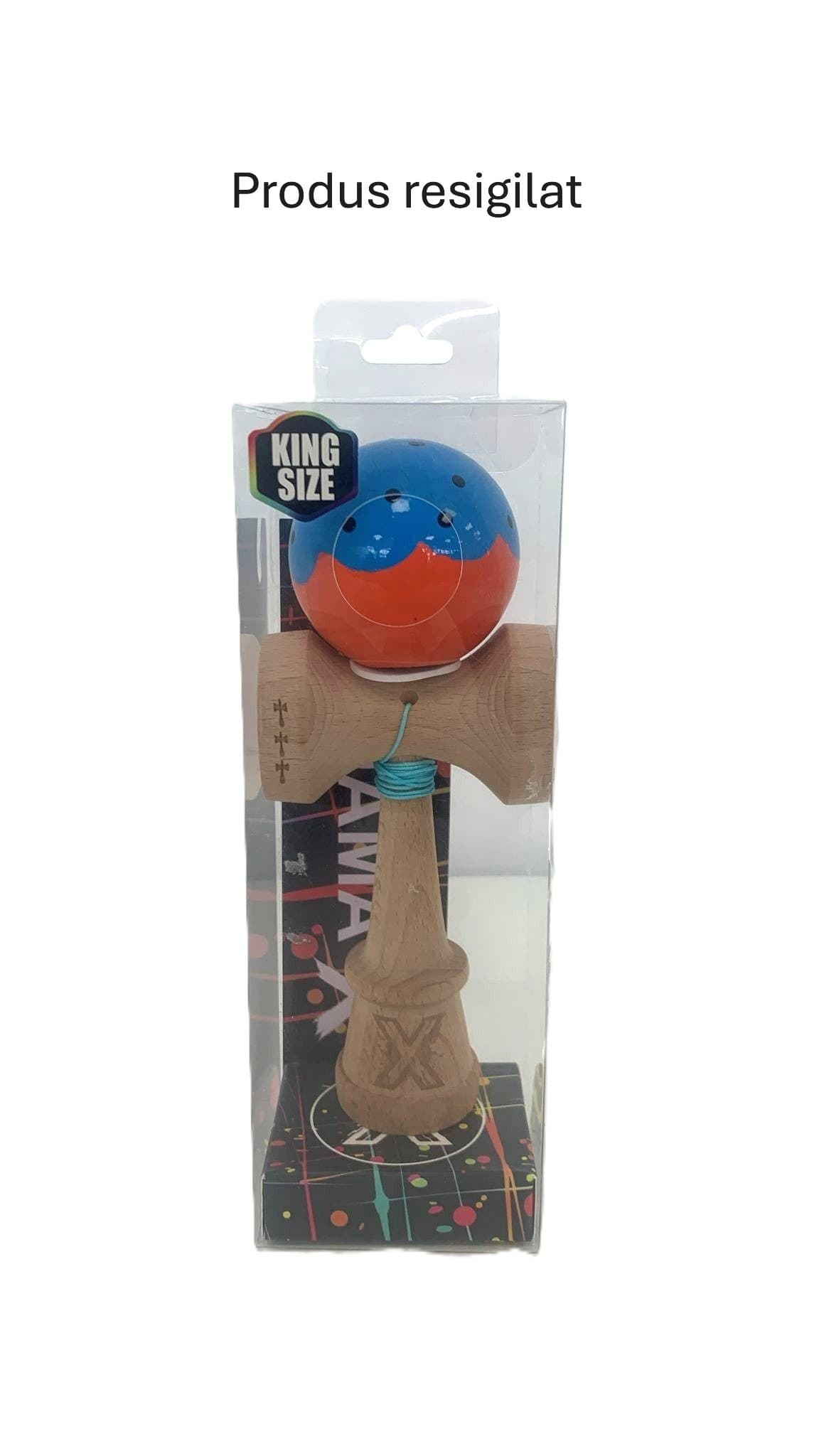 RESIGILAT - Kendama X Originala, Profesionala, Flippy, Super Sticky cu Cupe Mari KING SIZE V3, Gaura in Baza, Rulment Metalic, din lemn 18 cm, Ata 62/65 cm, Special Albastru/Portocaliu