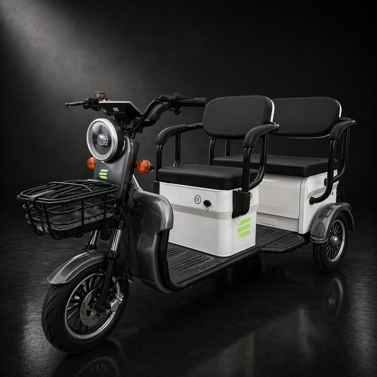 Triciclu Electric V6, Saige, Fara Permis, cu Doua Locuri, Motor 1800W, Baterie 72V24Ah, Autonomie 60km, 220x88x105 cm, Viteza Maxima 25km/h, Alb Coffee