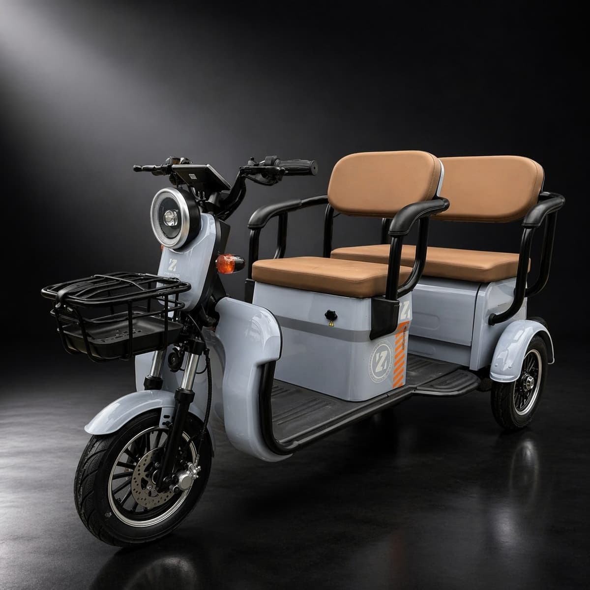 Triciclu Electric V6, Saige, Fara Permis, cu Doua Locuri, Motor 1800W, Baterie 72V24Ah, Autonomie 60km, 220x88x105 cm, Viteza Maxima 25km/h, Gri OldStyle