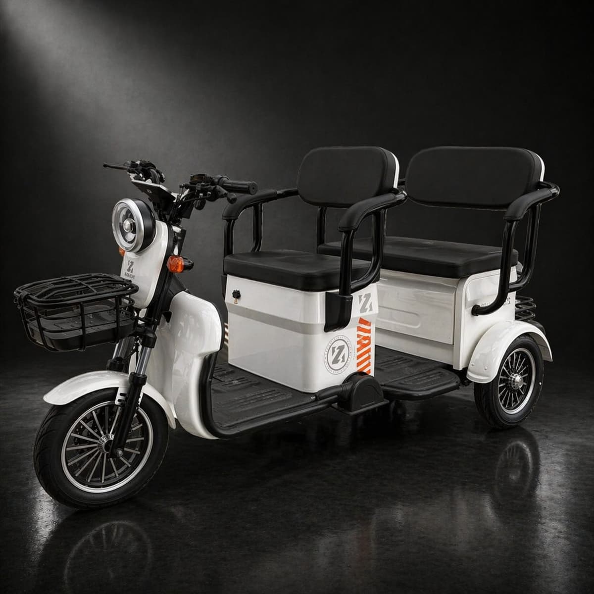 Triciclu Electric V6, Saige, Fara Permis, cu Doua Locuri, Motor 1800W, Baterie 72V24Ah, Autonomie 60km, 220x88x105 cm, Viteza Maxima 25km/h, Alb