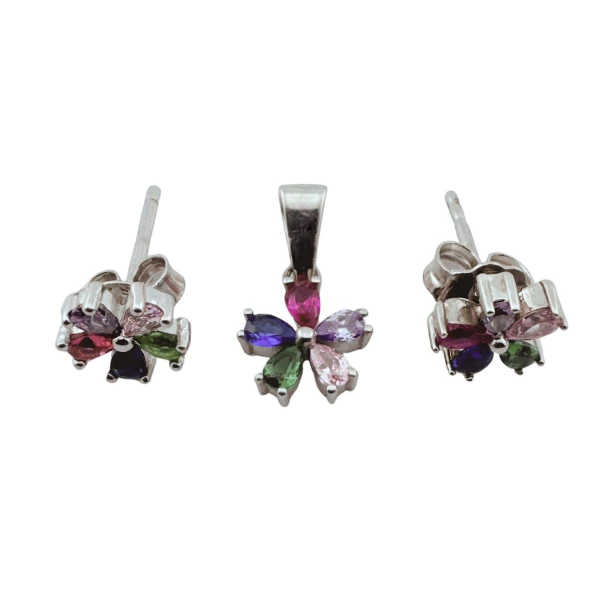 Set Cercei si Pandantiv, Jolie Silver, Argint 925, pentru Dama, Pietre Zirconia Multicolor, model Floare 5 Petale colorate