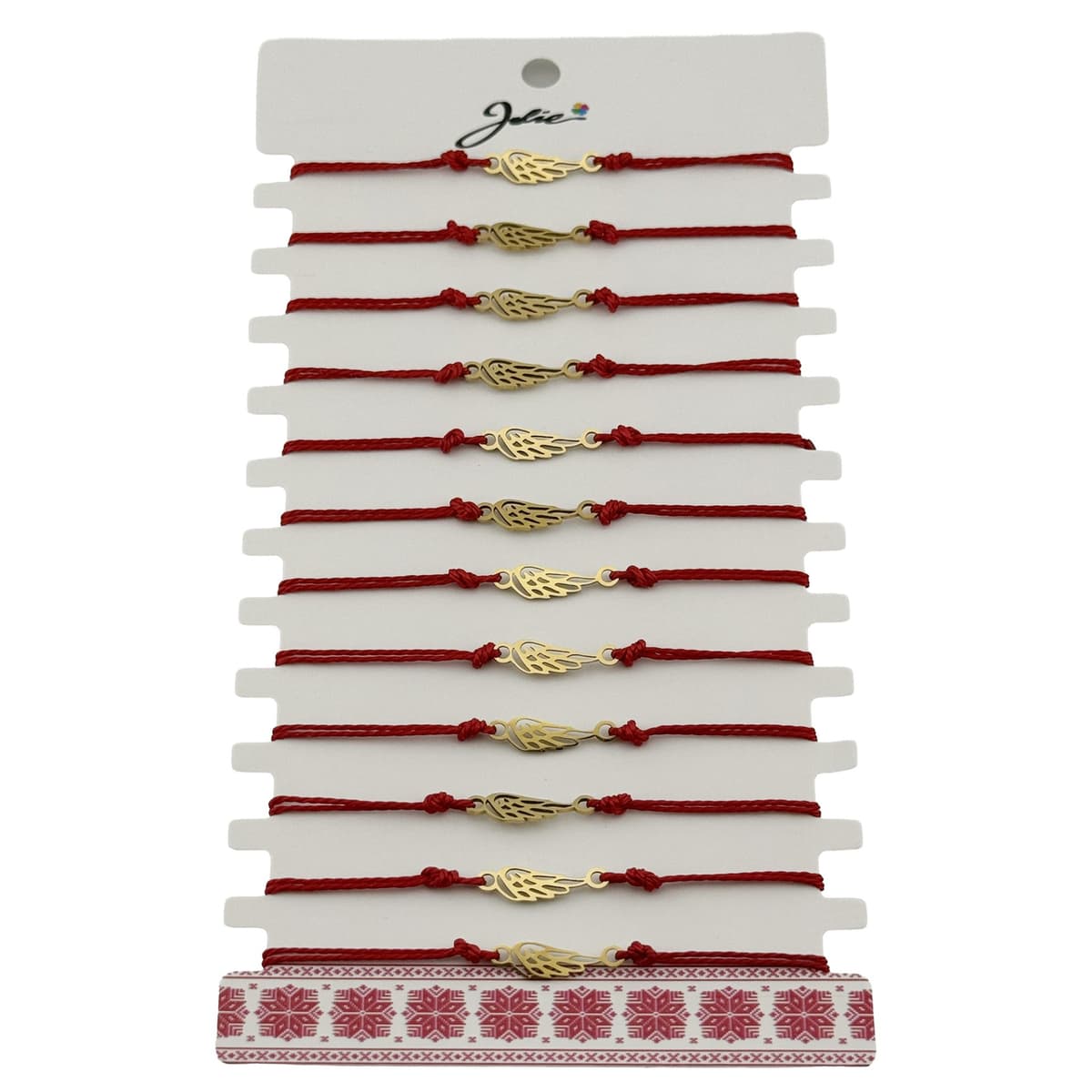 Bratara Martisor pentru Dama, Jolie, Model Aripa, Set 12 bucati, Pandativ din Inox Auriu, Snur Ajustabil Impletit, Rosu