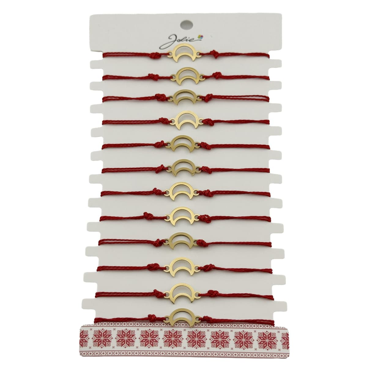 Bratara Martisor pentru Dama, Jolie, Model Luna Contur, Set 12 bucati, Pandativ din Inox Auriu, Snur Ajustabil Impletit, Rosu