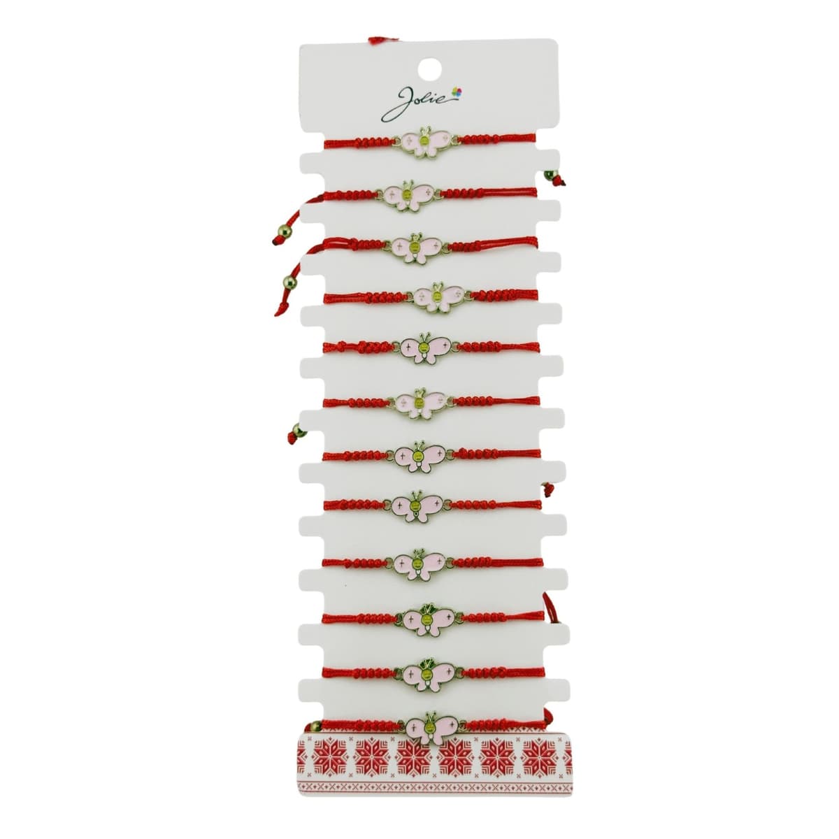 Martisor Bratara pentru Dama si Copii, Jolie, Model Fluture Vesel, Set 12 bucati, Pandantiv Emailat Roz, Snur Reglabil, Rosu