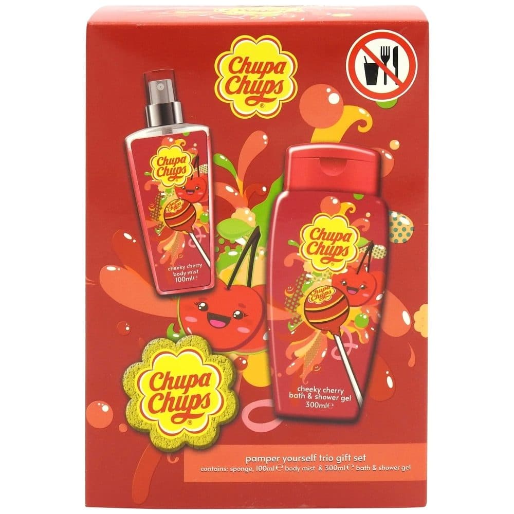 Set Cadou pentru Ingrijire Corporala, Chupa Chups, Aroma de Cirese, Gel de Dus 300 ml, Spray de Corp 100 ml, Burete de Baie