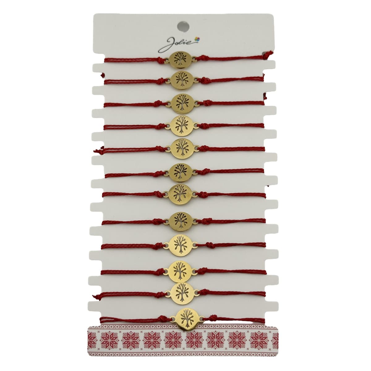 Bratara Martisor pentru Dama, Jolie, Model Copac, Set 12 bucati, Pandativ din Inox Auriu, Snur Ajustabil Impletit, Rosu