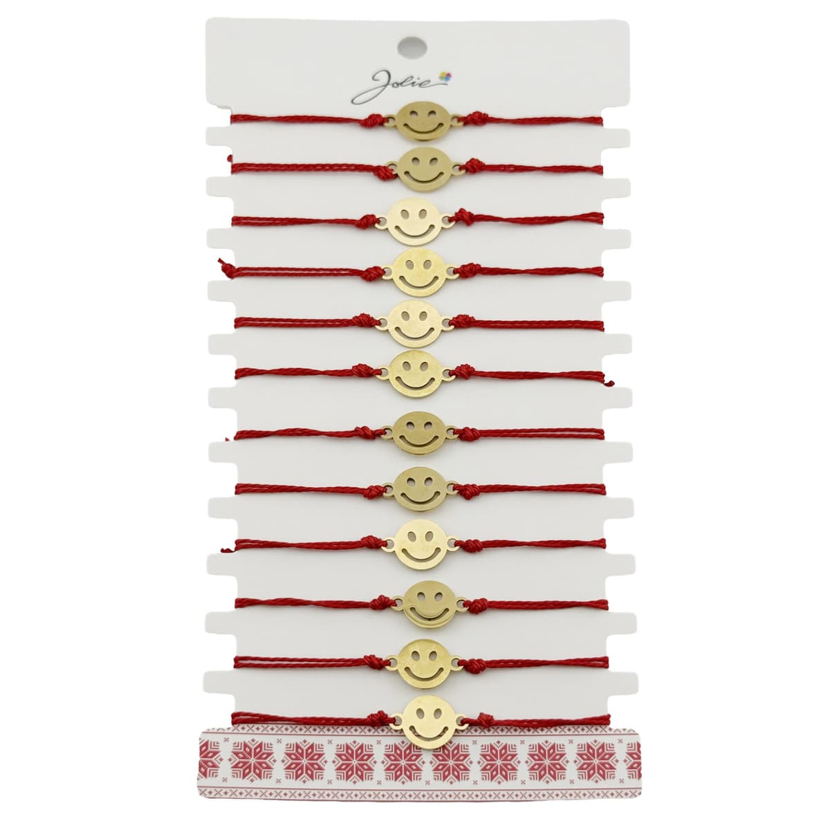 Bratara Martisor pentru Dama, Jolie, Model Smiley, Set 12 bucati, Pandativ din Inox Auriu, Snur Ajustabil Impletit, Rosu