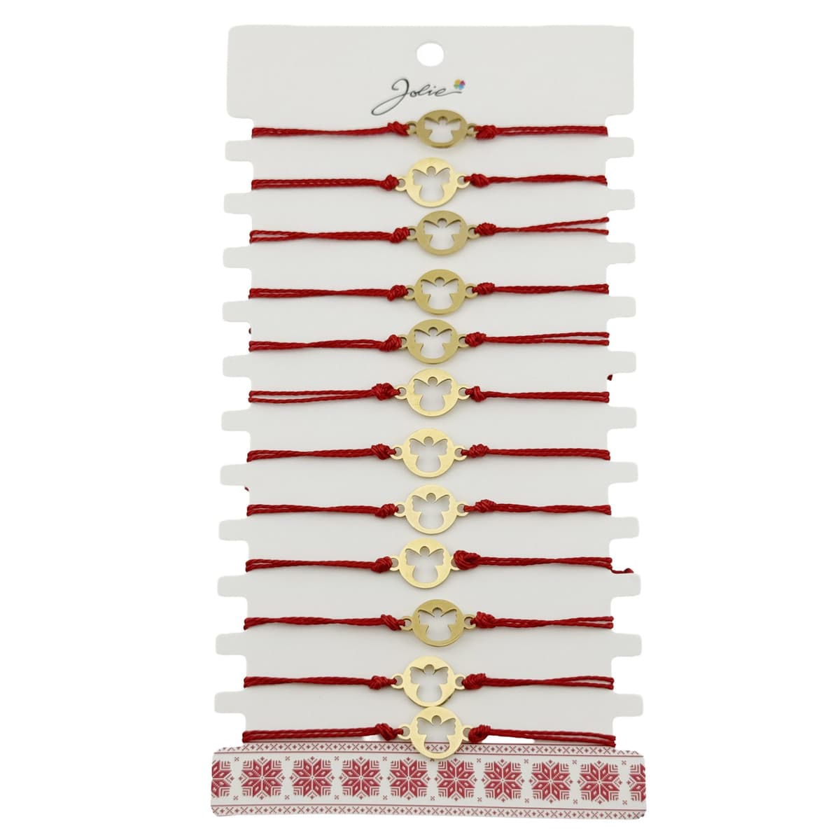 Bratara Martisor pentru Dama, Jolie, Model Inger, Set 12 bucati, Pandativ din Inox Auriu, Snur Ajustabil Impletit, Rosu