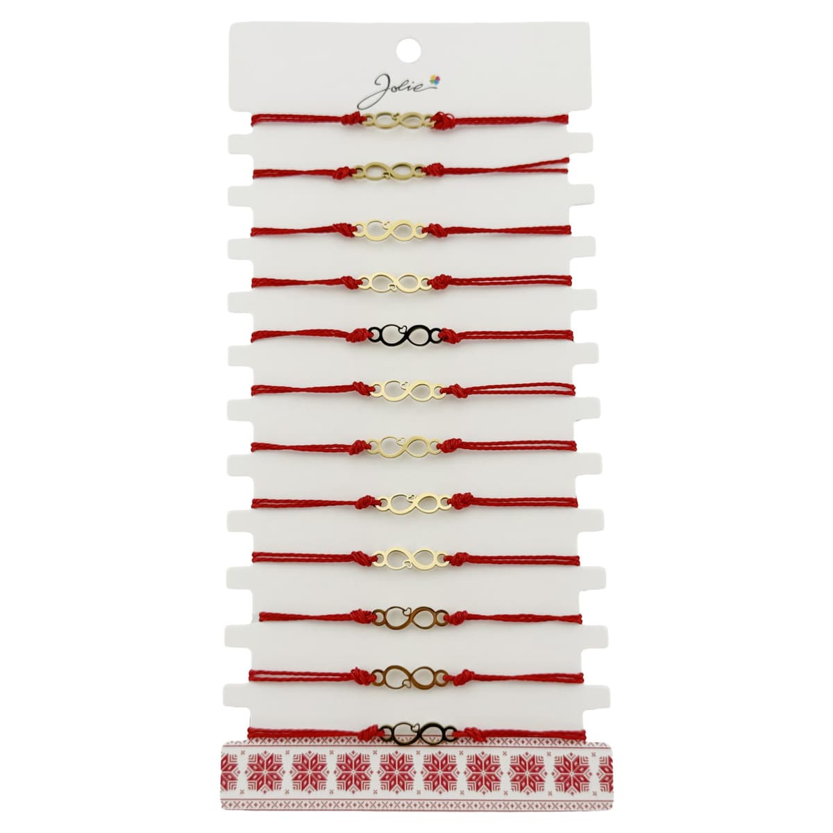 Bratara Martisor pentru Dama, Jolie, Model Infinit, Set 12 bucati, Pandativ din Inox Auriu, Snur Ajustabil Impletit, Rosu