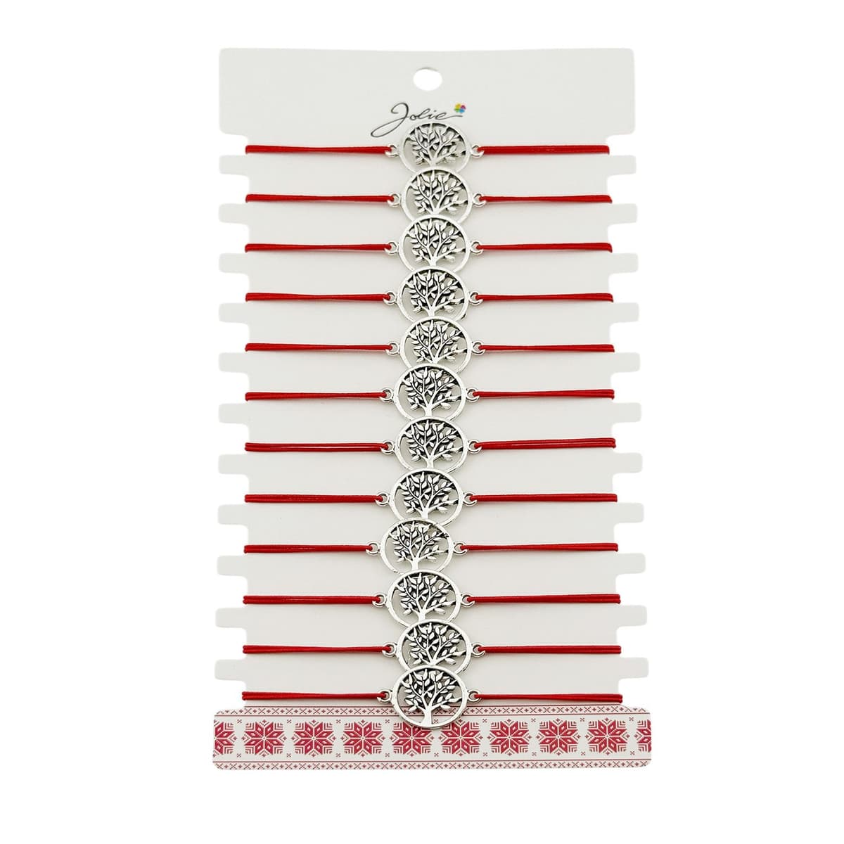 Martisor Bratara Elastica cu Pandantiv din Inox, Jolie, pentru Dama, Set 12 bucati, Snur Rosu Textil, Model Pomul Vietii