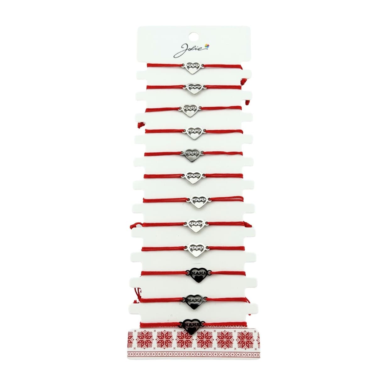 Bratara Martisor pentru Dama, Jolie, Model Inima cu Text Mama, Set 12 bucati, Pandativ Argintiu din Inox cu Snur Rosu