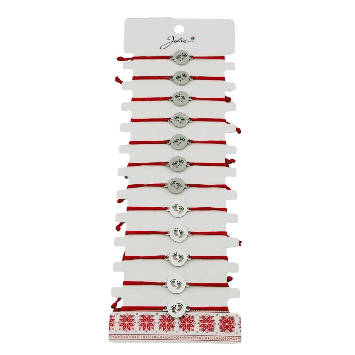 Bratara Martisor pentru Dama, Jolie, Model Talpi in Cerc, Set 12 bucati, Pandativ Argintiu din Inox cu Snur Rosu Ajustabil