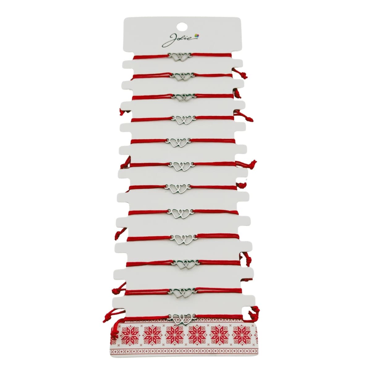 Bratara Martisor pentru Dama, Jolie, Model Doua Inimi, Set 12 bucati, Pandativ Argintiu din Inox cu Snur Rosu Ajustabil
