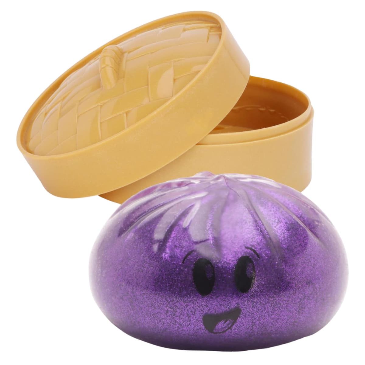 Jucarie Interactiva Dumpling Squishy, Flippy, Model Emoji Bun cu Sclipici, Jucarie Antistres pentru Copii si Maturi, Efect Calmant cu Revenire Lenta, 10 x 10 cm, Mov