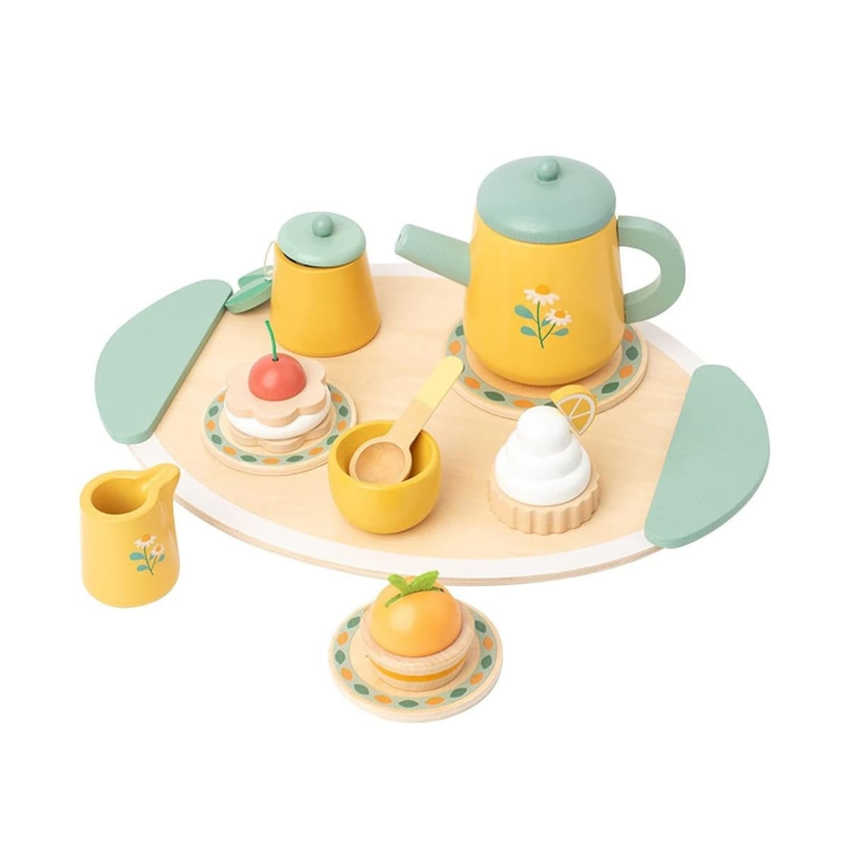 Jucarie Educativa Montessori din Lemn, Flippy, Set de Joaca Interactiv, Model Royal Tea cu Margarete si Prajituri, Dezvolta Motricitatea si Abilitatile Sociale, 3ani+, Multicolor