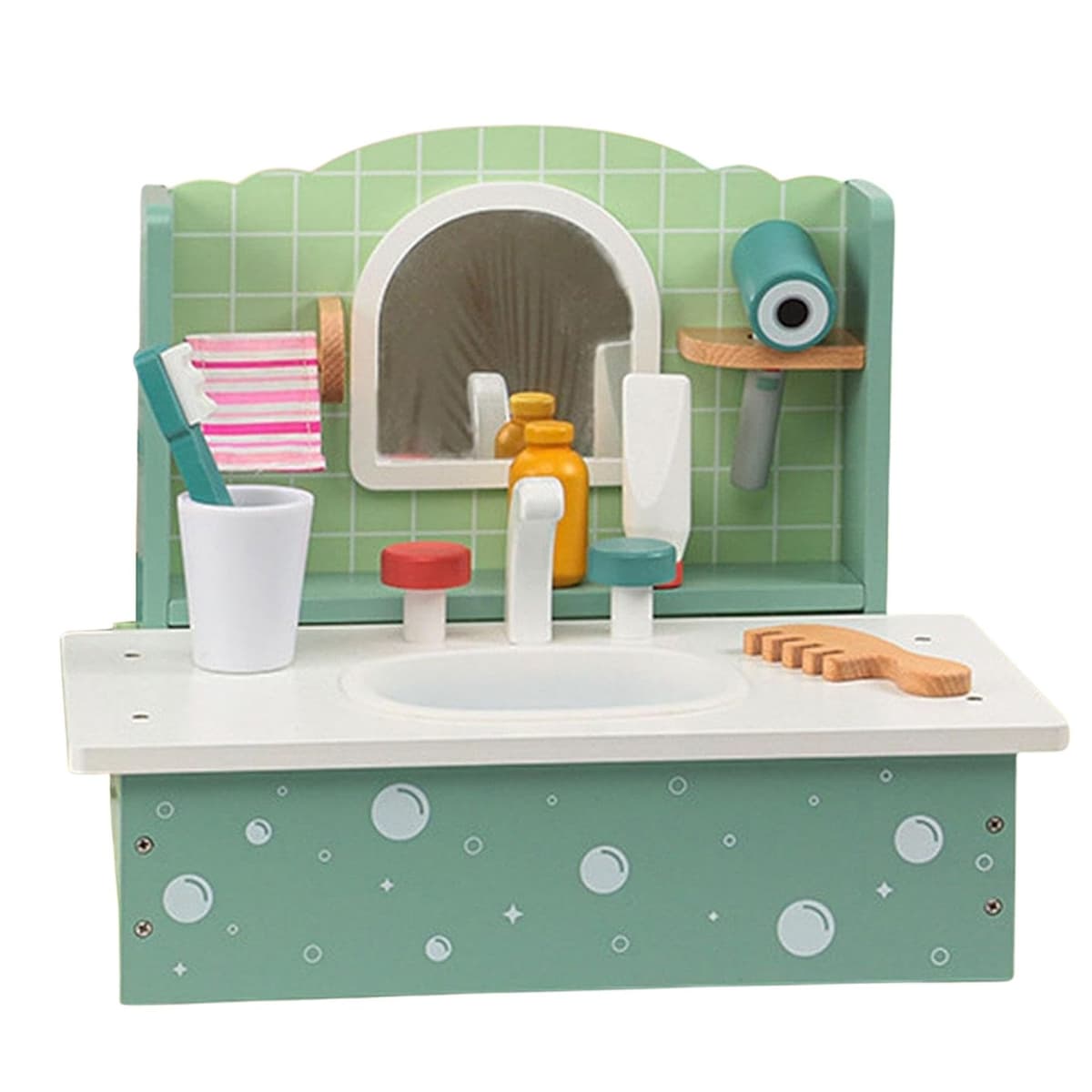 Jucarie Educativa Montessori din Lemn, Flippy, Masuta de Toaleta si Lavoar Interactiv pentru Copii, Set de Joaca cu Accesorii de Baie si Ingrijire, 2 kg, 3 ani+, Multicolor