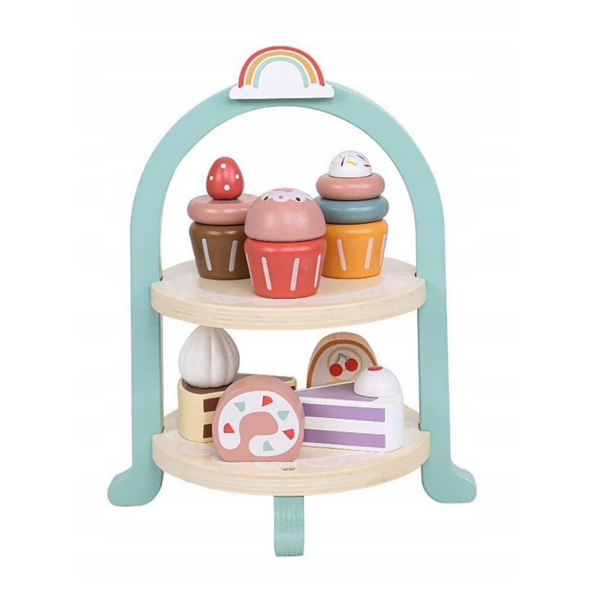 Jucarie Educativa Montessori din Lemn, Flippy, Set de Joaca Interactiv, Model Royal Afternoon Tea cu Etajera 2 Niveluri si Prajituri, Dezvolta Motricitatea si Imaginatia, 3ani+, Multicolor