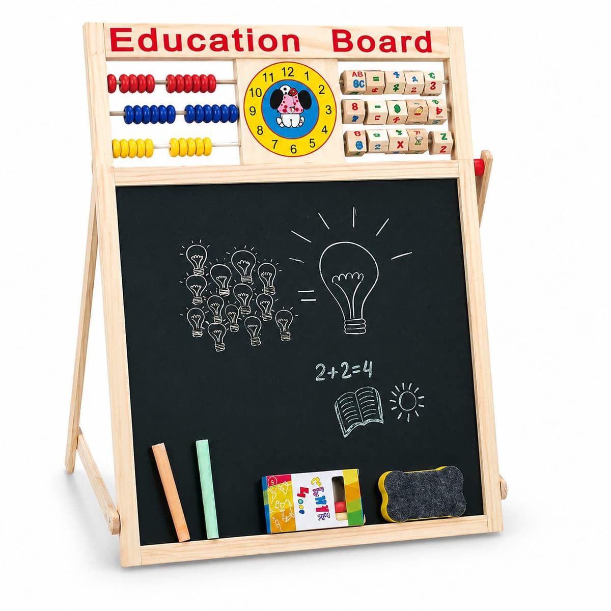 Tabla Educativa Magnetica cu Doua Fete, Flippy, Cadru din Lemn, Abac, Ceas, Litere, Cifre si Semne Matematice, Reglabila pe Inaltime, 52x36 cm