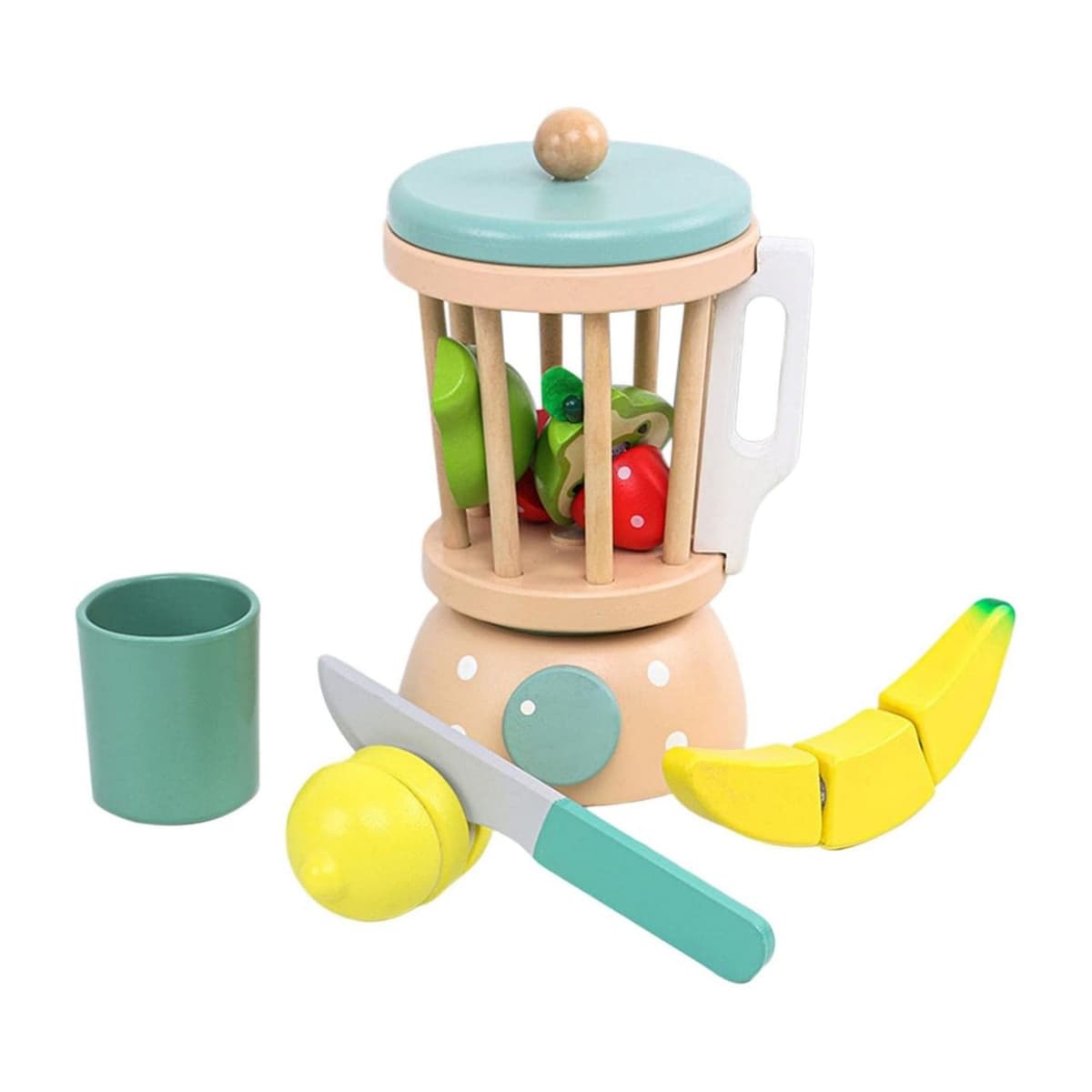 Jucarie Educativa Montessori din Lemn, Flippy, Set de Joaca Interactiv, Model Storcator de Fructe cu Blender si Accesorii, Dezvolta Motricitatea si Imaginatia, 3ani+, Multicolor