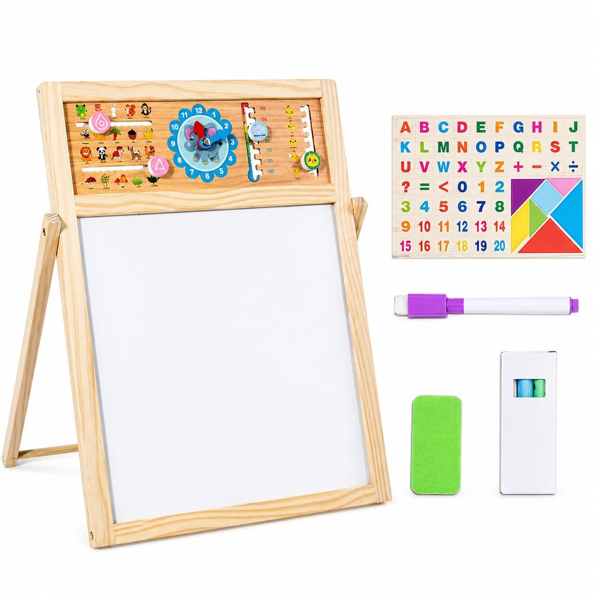 Tabla Educativa de Desen Magnetica cu Doua Fete, Flippy, Reglabila pe Inaltime, Cadru din Lemn, Tabla Alba, Litere, Cifre, Ceas si Accesorii Incluse, 52x36 cm