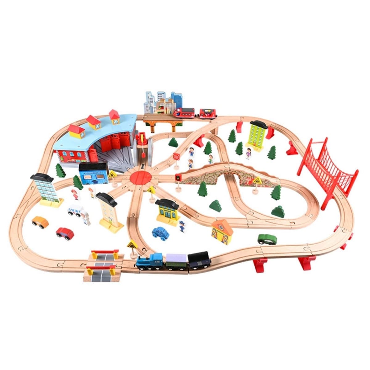 Mega Set Circuit Trenulet din Lemn, Flippy, 118 Piese, Locomotiva Electrica, Jucarie Educativa Montessori, Depou Central cu Placa Turnanta, Pod Suspendat, Macarale si Accesorii Oras, 3 ani+, Multicolor