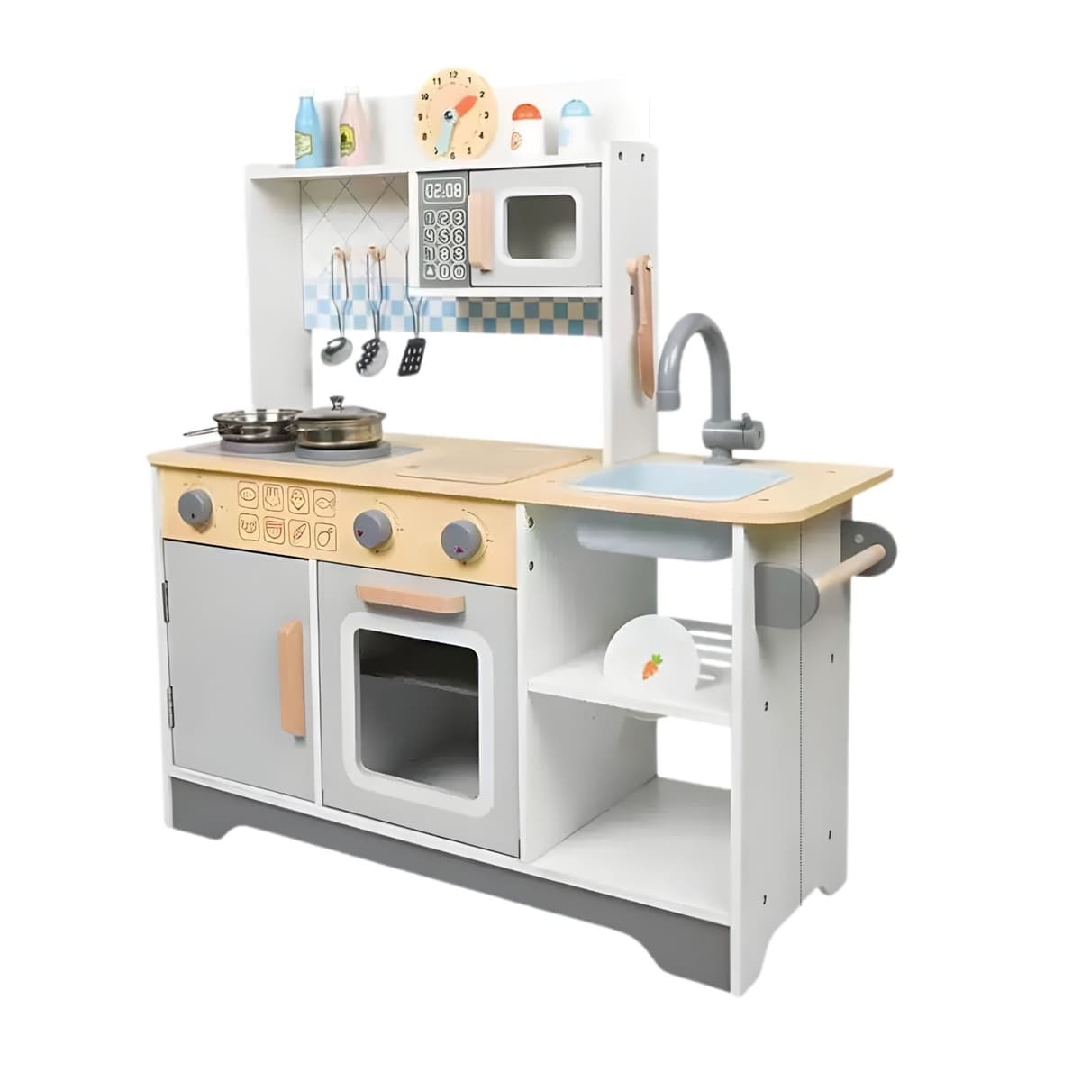 Bucatarie Multifunctionala pentru Copii, Flippy, Stil Montessori, Set Complet din Lemn, Include Plita, Cuptor, Chiuveta, Spatiu de Depozitare, 76.6 x 69 cm, Gri/Multicolora