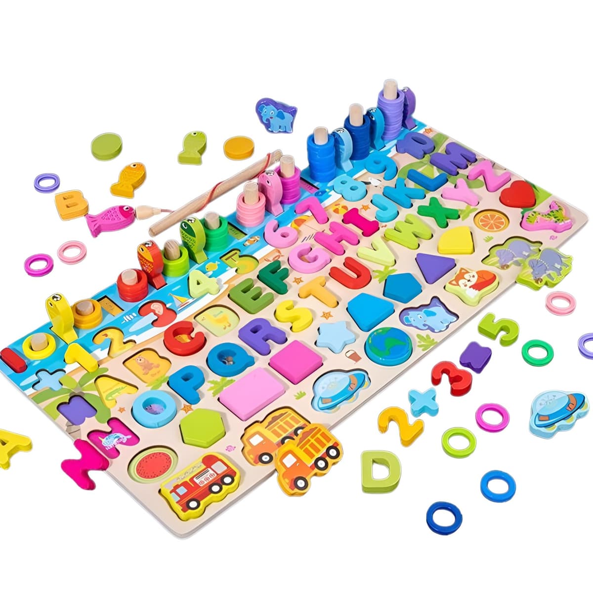 Joc Educativ Montessori, Flippy, Tabla Logaritmica 6 in 1 din Lemn, Puzzle 3D Litere si Cifre, Vehicule si Forme Geometrice, Stivuire Inele, Dezvoltarea Motricitatii si a Logicii, 45.5 x 22 cm, Multicolor