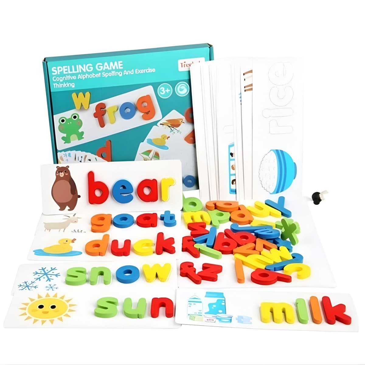 Jucarie Educativa Montessori, Flippy, Puzzle Interactiv pentru Formarea Cuvintelor, Invatarea Alfabetului, 52 Litere din Lemn si 28 Carduri fata-verso, Dezvolta Logica si Vocabularul, 3 ani+, Multicolor