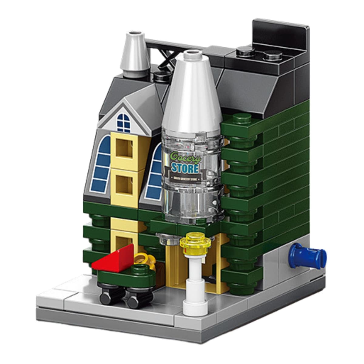 Set de Constructie, Flippy, Jucarie Educativa STEM, 103 Piese, Model 3D, +6 Ani, Colectia Strada Comerciala Europeana, 6.4 x 5.6 x 7 cm, Verde/Gri
