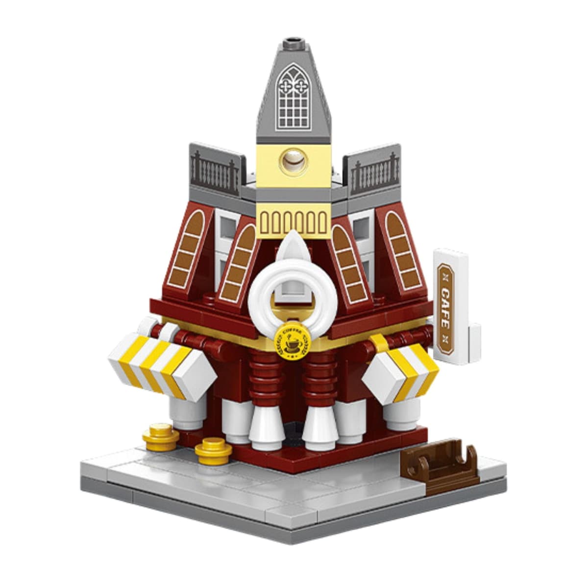 Set de Constructie, Flippy, Jucarie Educativa STEM, 120 Piese, Model 3D, +6 Ani, Colectia Strada Comerciala Europeana, 7.2 x 6.3 x 9.7 cm, Bordo/Gri